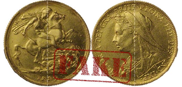 Κάλπικη χρυσή λίρα του Βασιλικού Νομισματοκοπείου